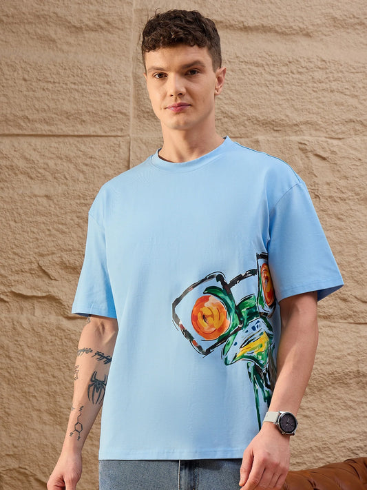 Men Oversized Printed Round Neck Drop shoulder T-shirt light Blue