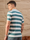 Men Striped Polo T-shirt White & Teal