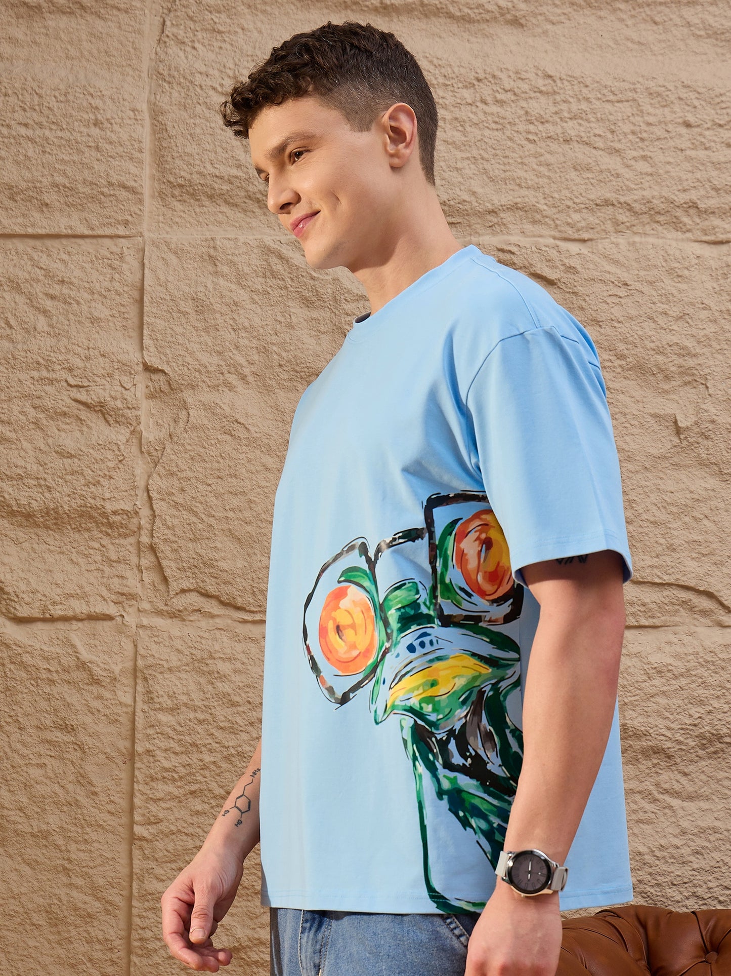 Men Oversized Round Neck Drop shoulder T-shirt light Blue