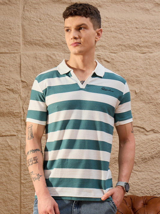 Men Striped Polo T-shirt White & Teal
