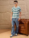 Men Striped Polo T-shirt White & Teal