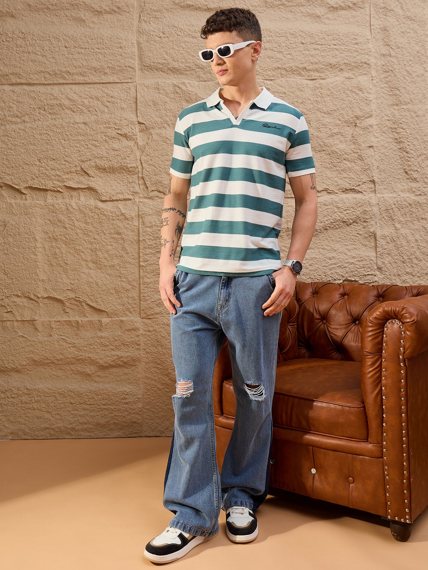 Men Striped Polo T-shirt White & Teal