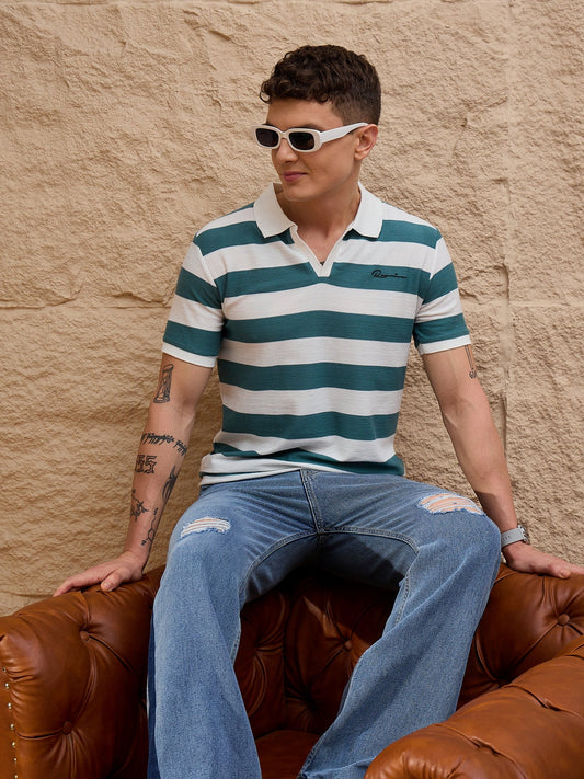 Men Striped Polo T-shirt White and Teal - Reprise