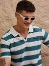 Men Striped Polo T-shirt White & Teal