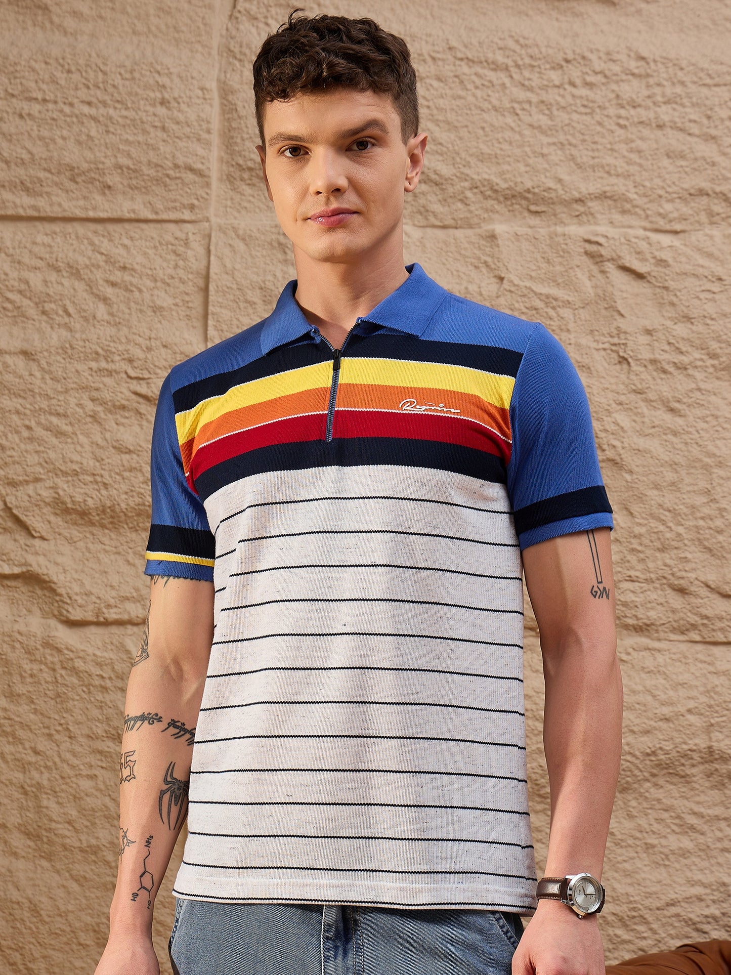 Men Striped Polo T-shirt Off White