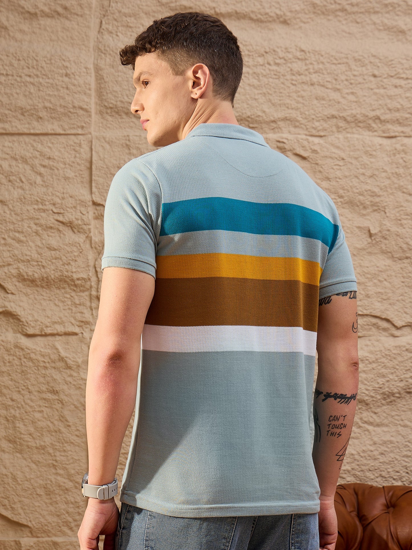 Men Striped Polo T-shirt Blue