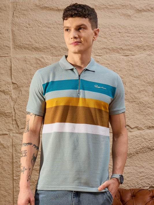 Men Striped Polo T-shirt Blue