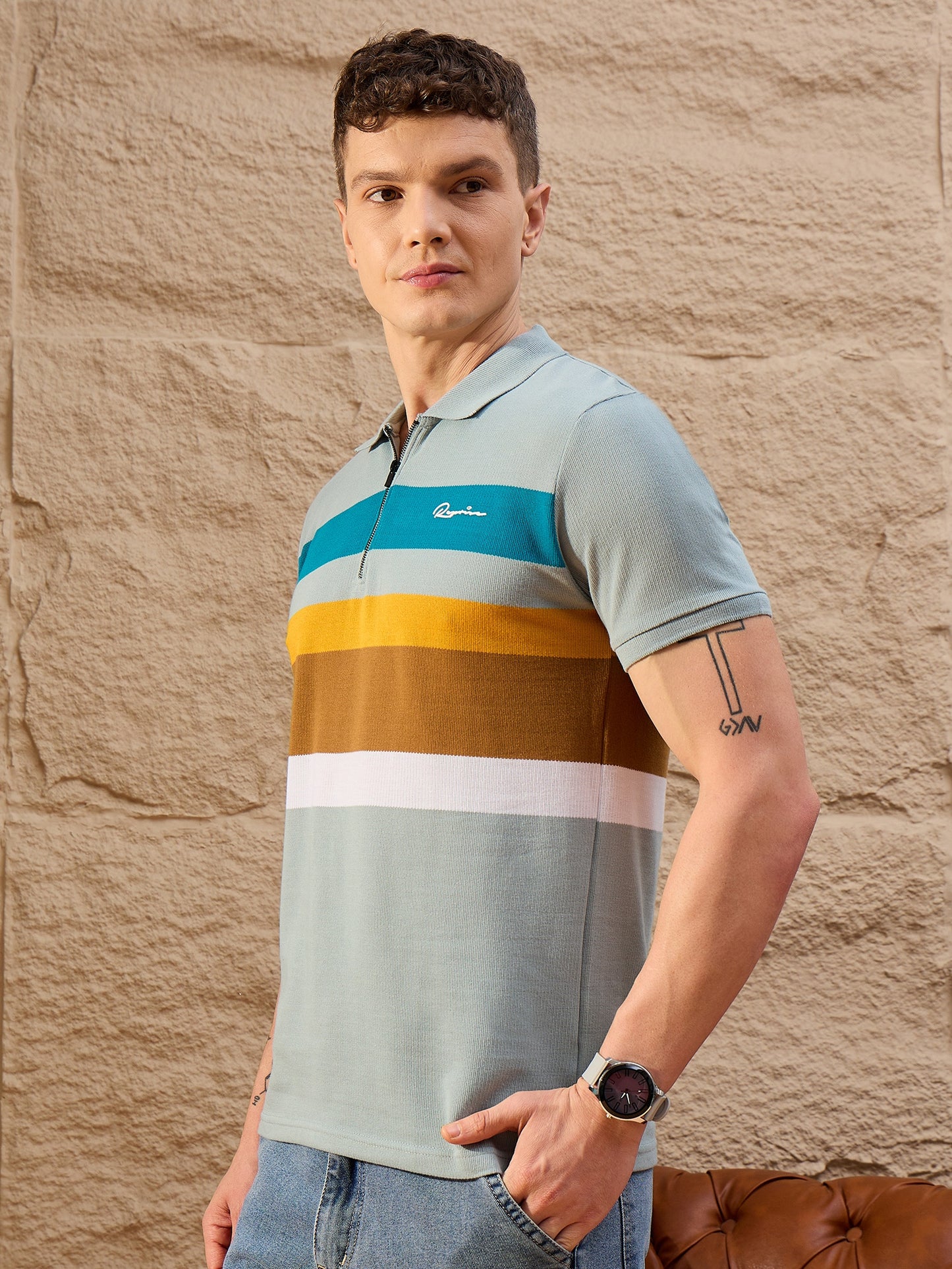 Men Striped Polo T-shirt Blue