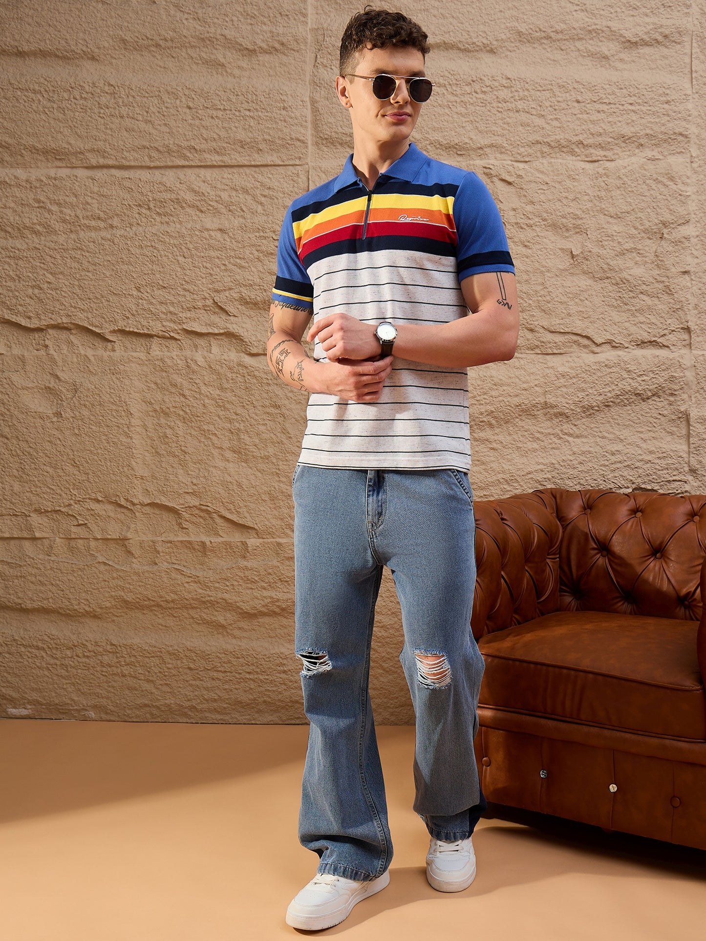 Men Striped Polo T-shirt Off White