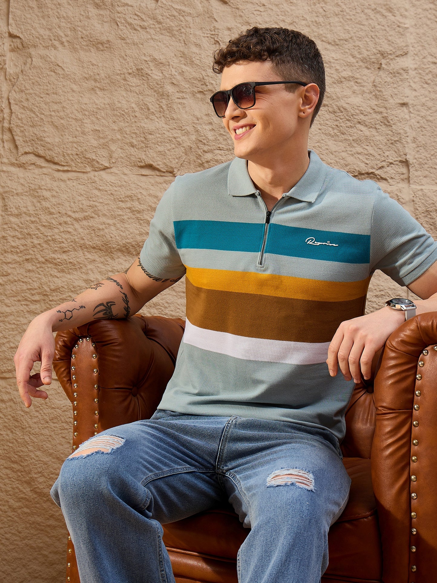 Men Striped Polo T-shirt Blue