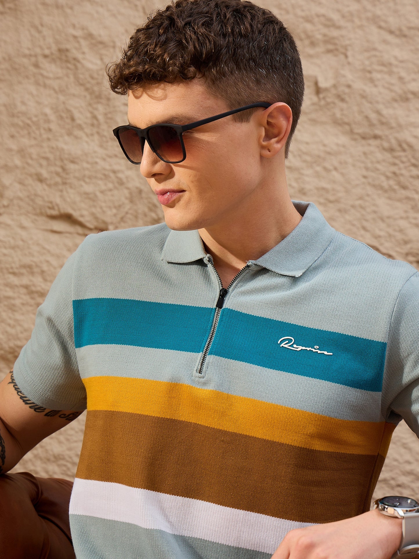 Men Striped Polo T-shirt Blue