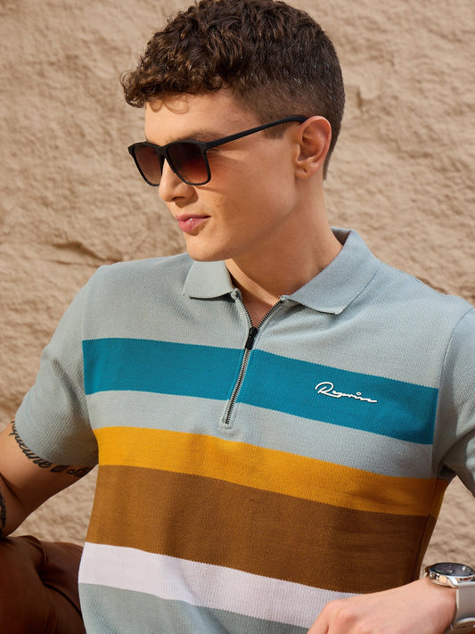 Men Striped Polo T-shirt Blue