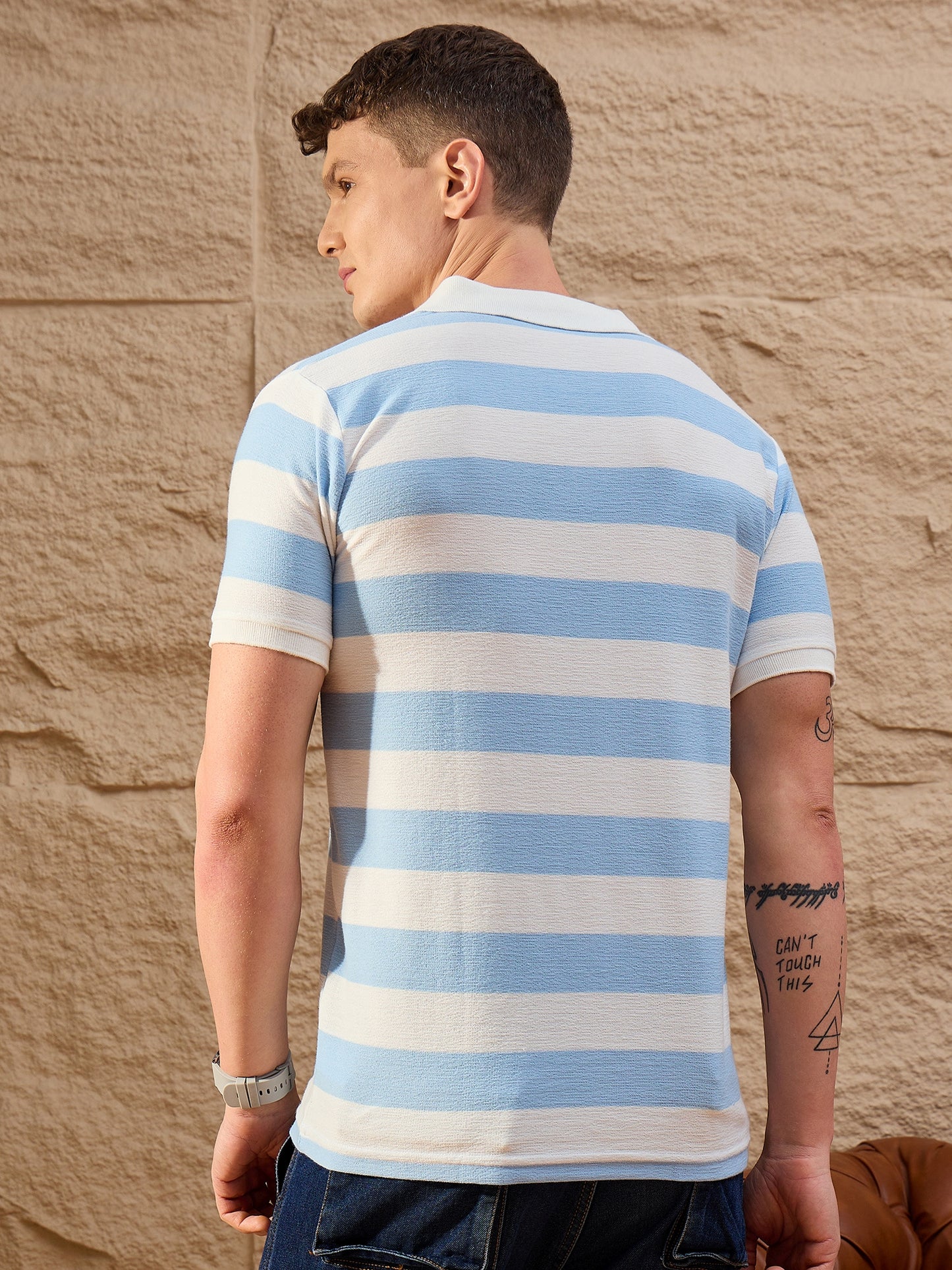 White & Powder Blue Striped Polo T-Shirt for Men