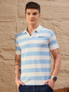 White and powder blue striped polo T-shirt for men – cotton piqué, regular fit – Reprise
