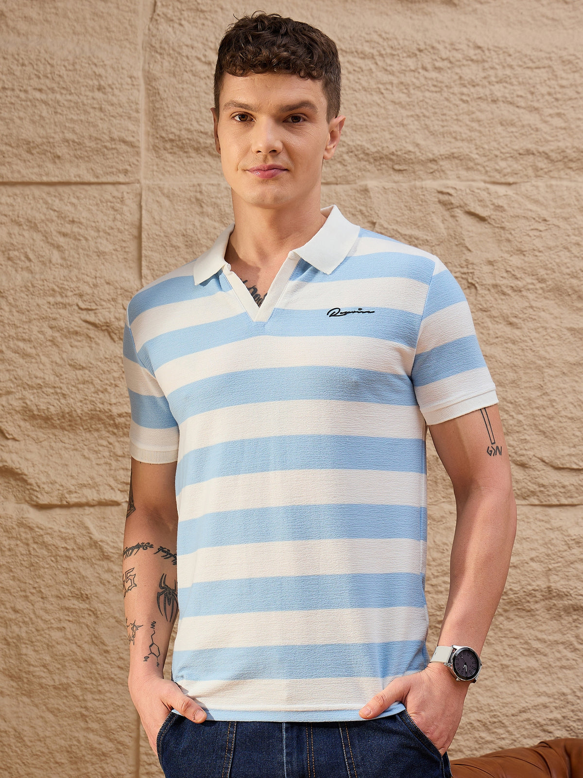 White and powder blue striped polo T-shirt for men – cotton piqué, regular fit – Reprise