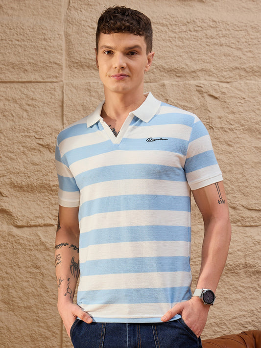 White and powder blue striped polo T-shirt for men – cotton piqué, regular fit – Reprise