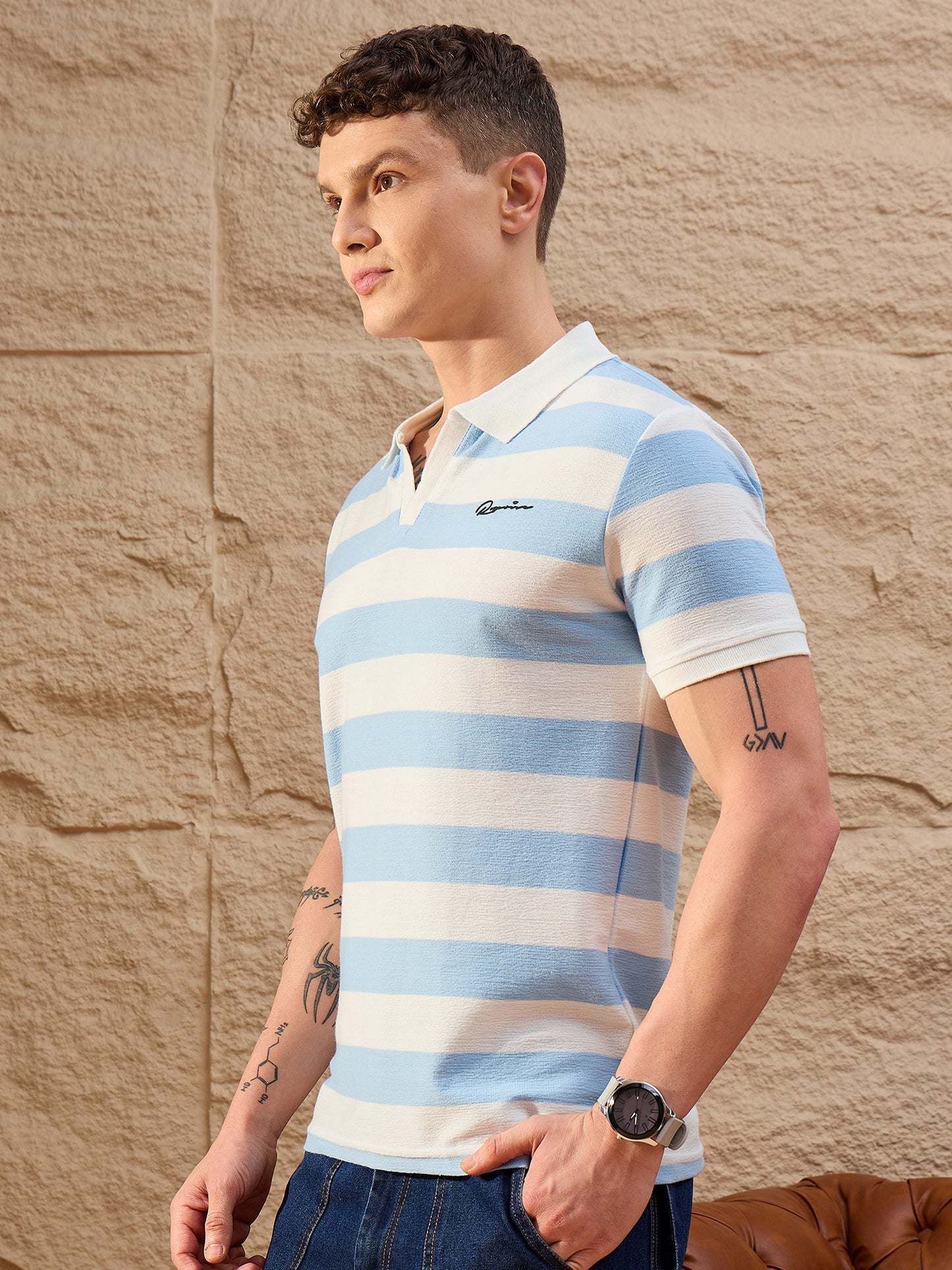 White & Powder Blue Striped Polo T-Shirt for Men