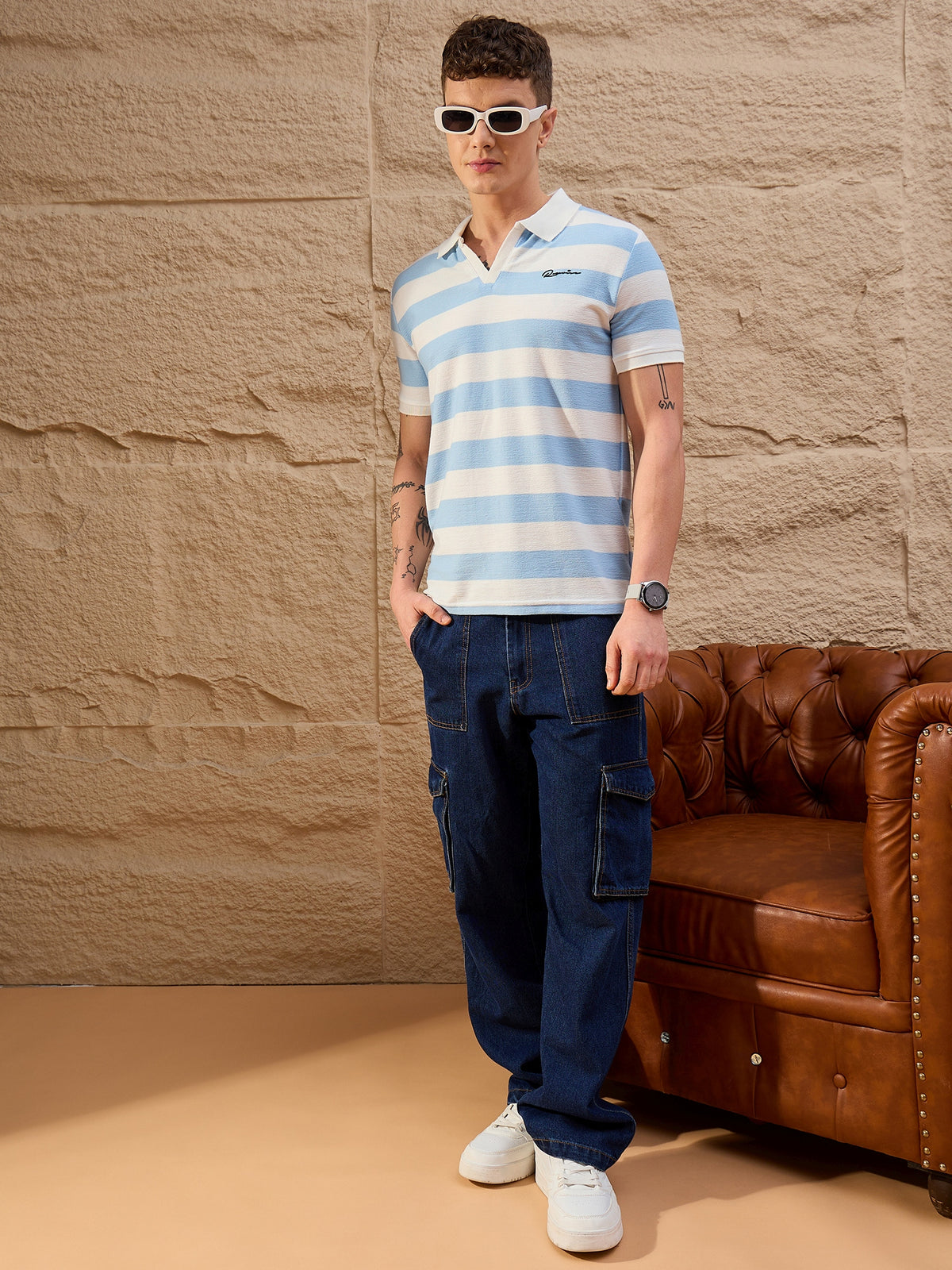 White & Powder Blue Striped Polo T-Shirt for Men