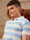 Close-up of cotton piqué texture and ribbed collar on white & powder blue striped polo