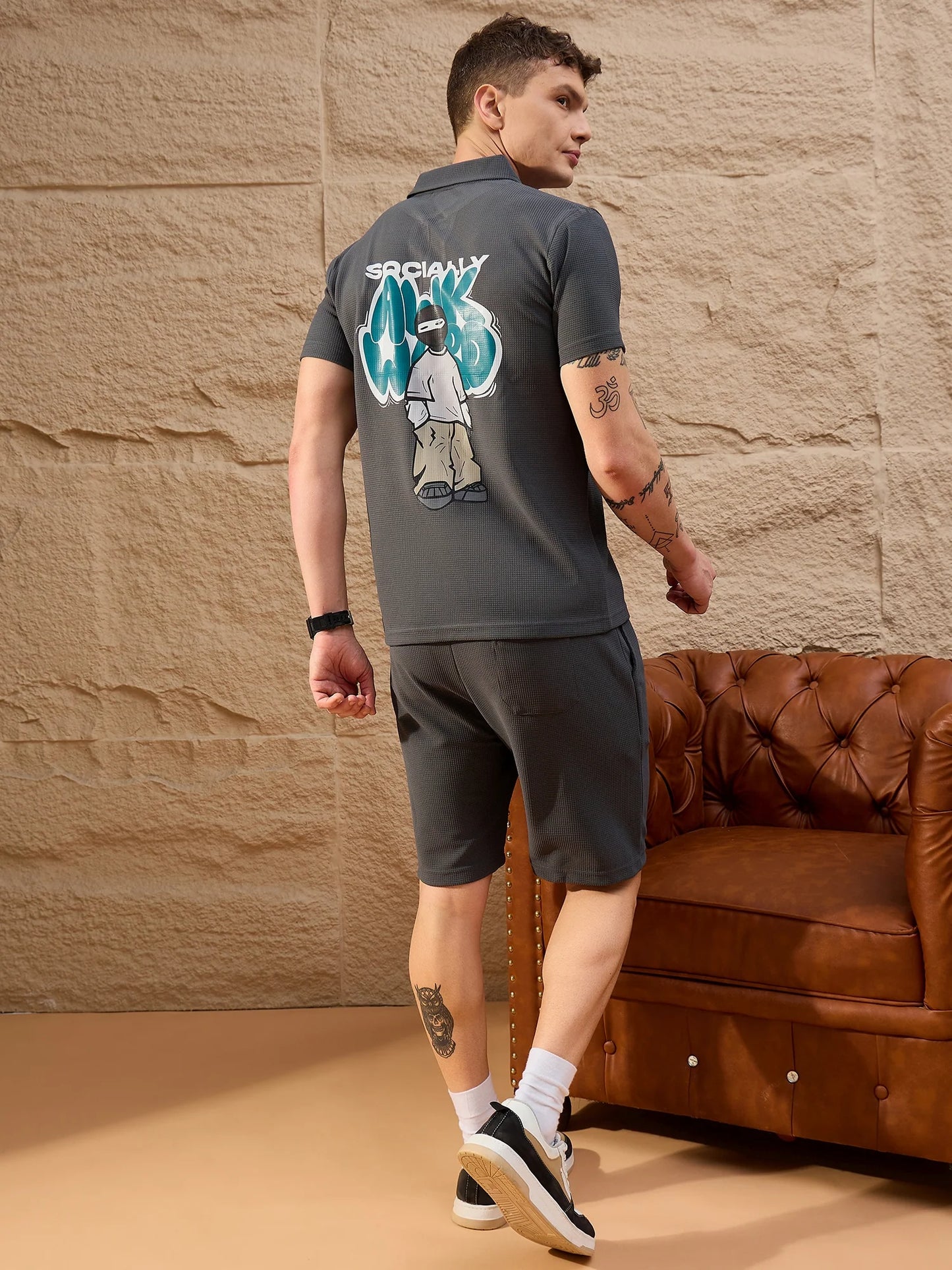 Men Printed Co-ord Set Dark Grey