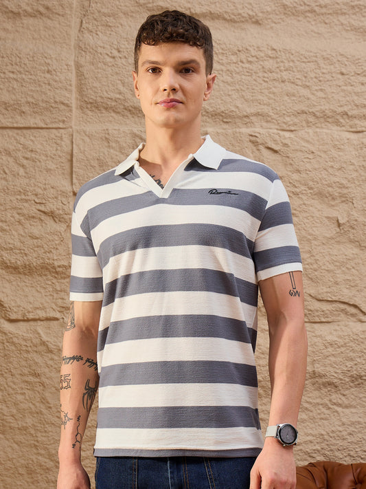Men Striped Polo T-shirt White & Grey