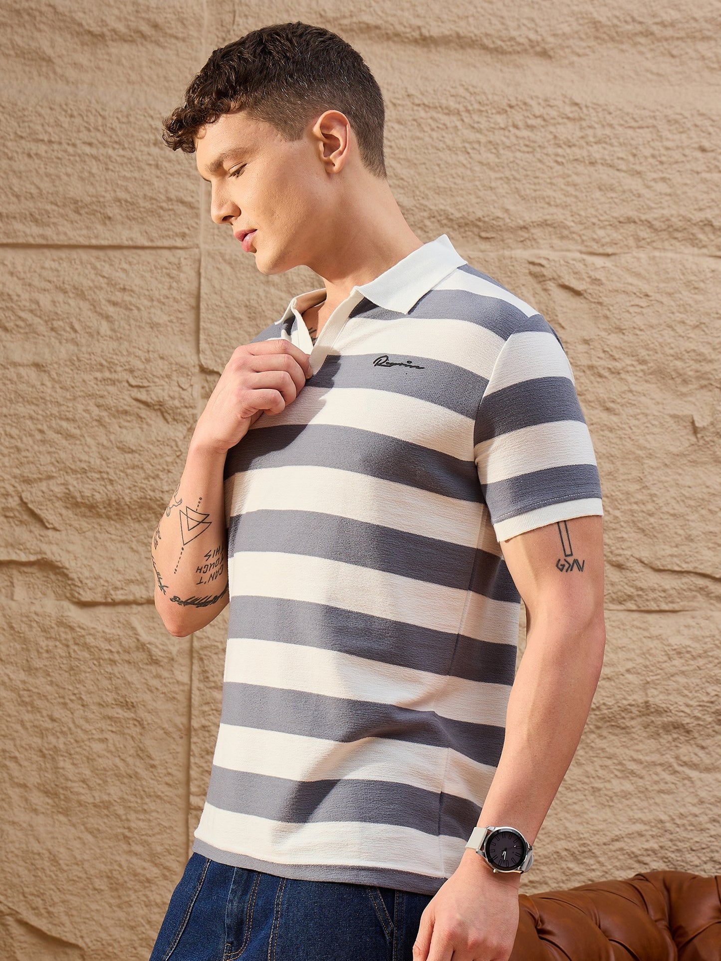 Men Striped Polo T-shirt White & Grey