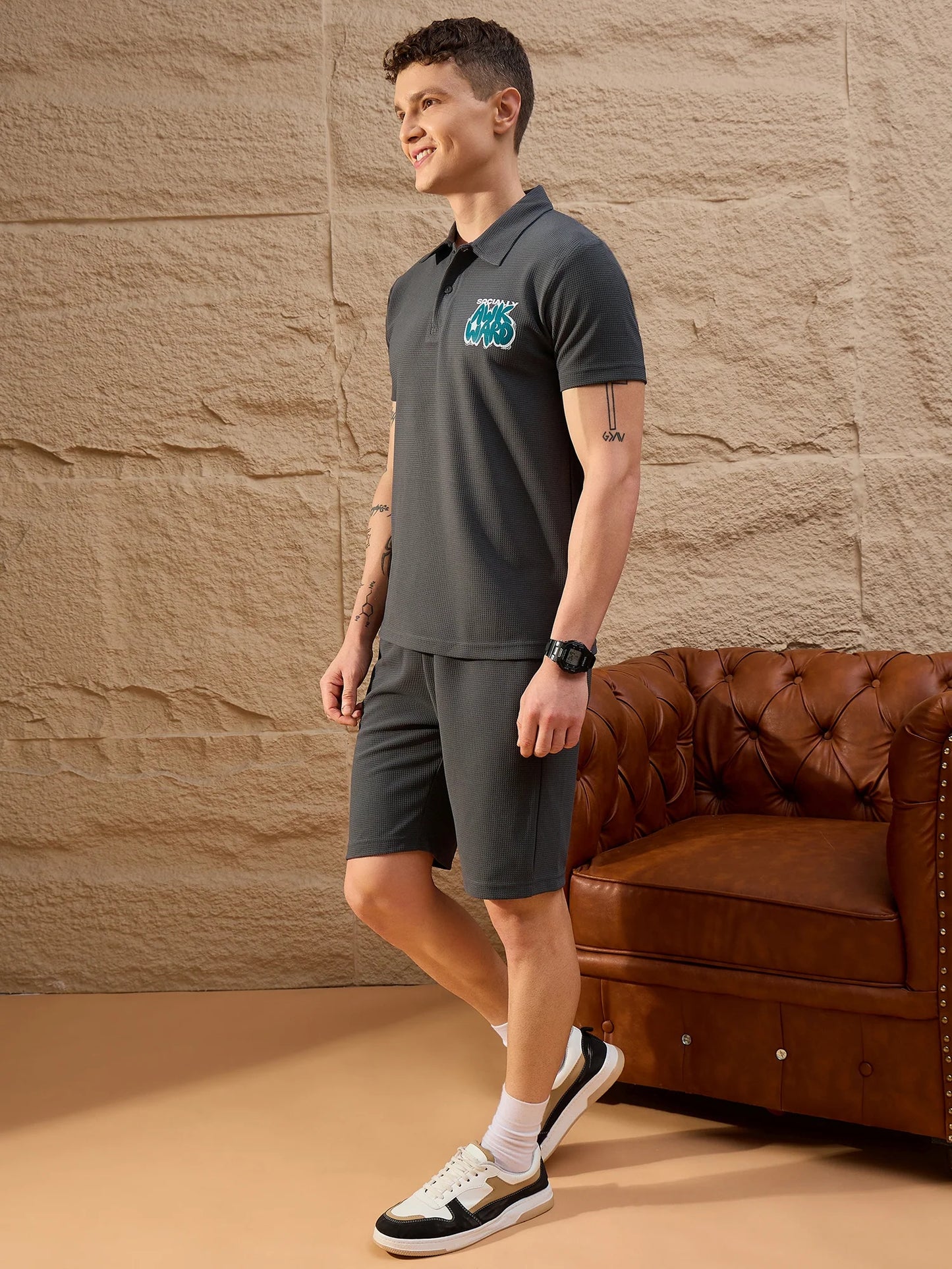 Men Printed Co-ord Set Dark Grey