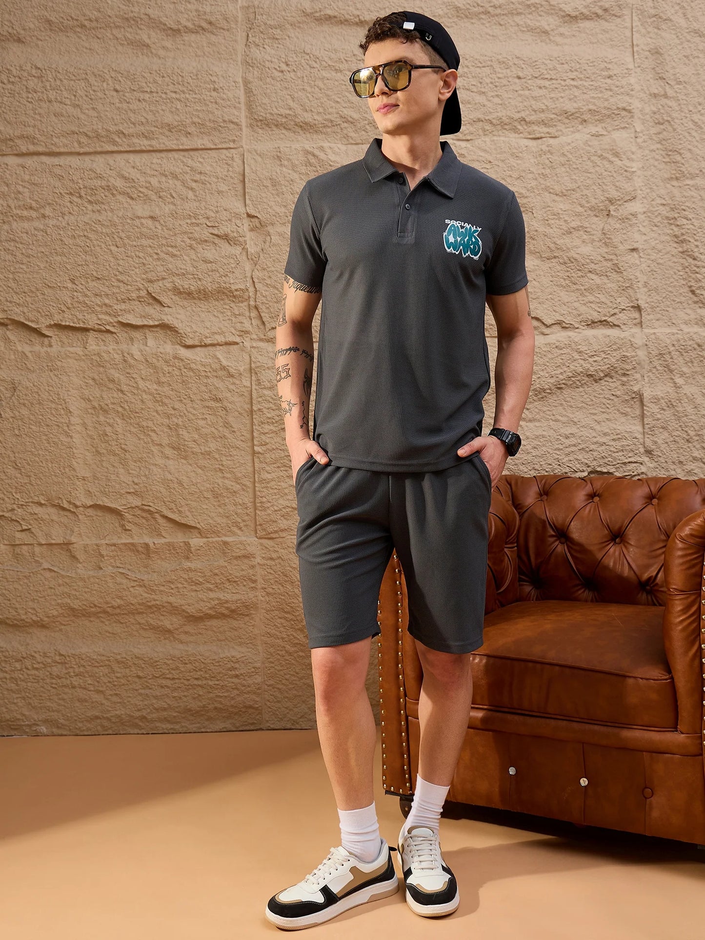 Men Printed Co-ord Set Dark Grey