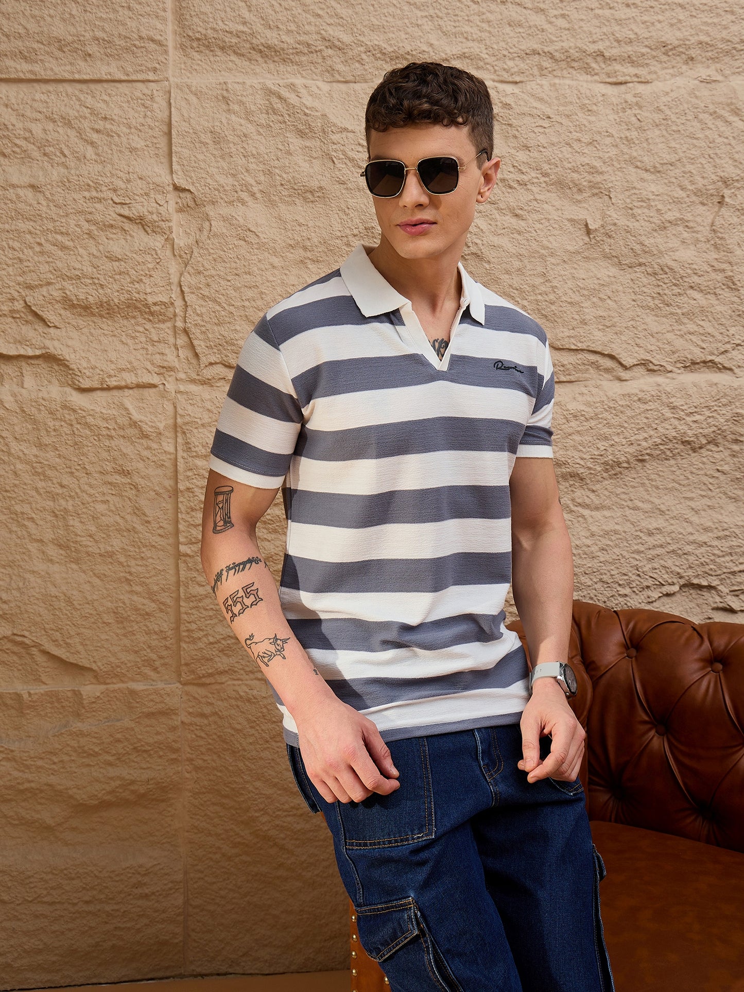 Men Striped Polo T-shirt White & Grey
