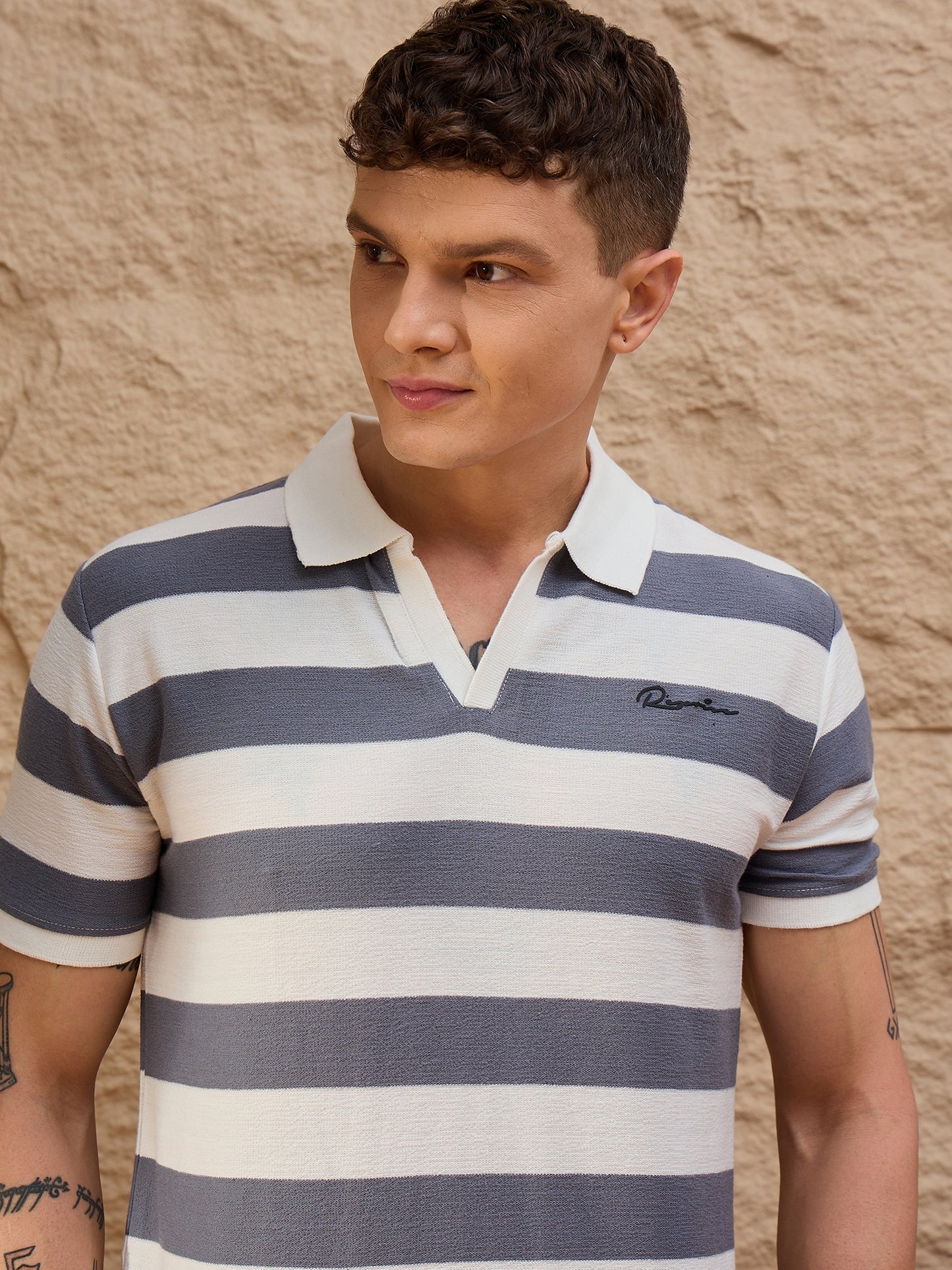 Men Striped Polo T-shirt White & Grey