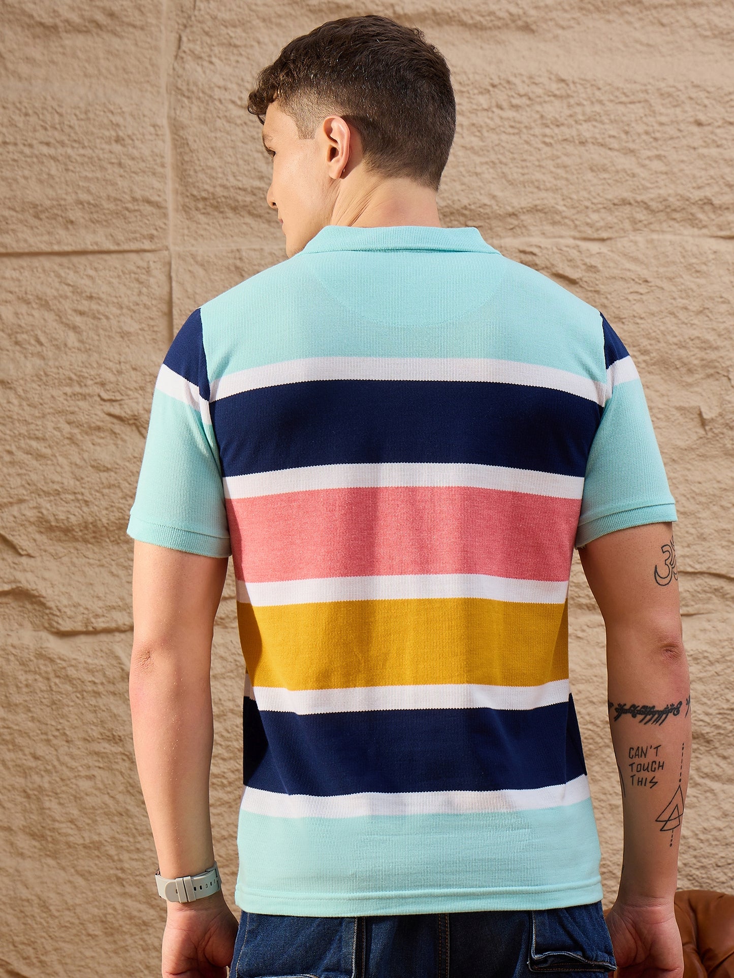 Men Striped Polo T-shirt Sky Blue