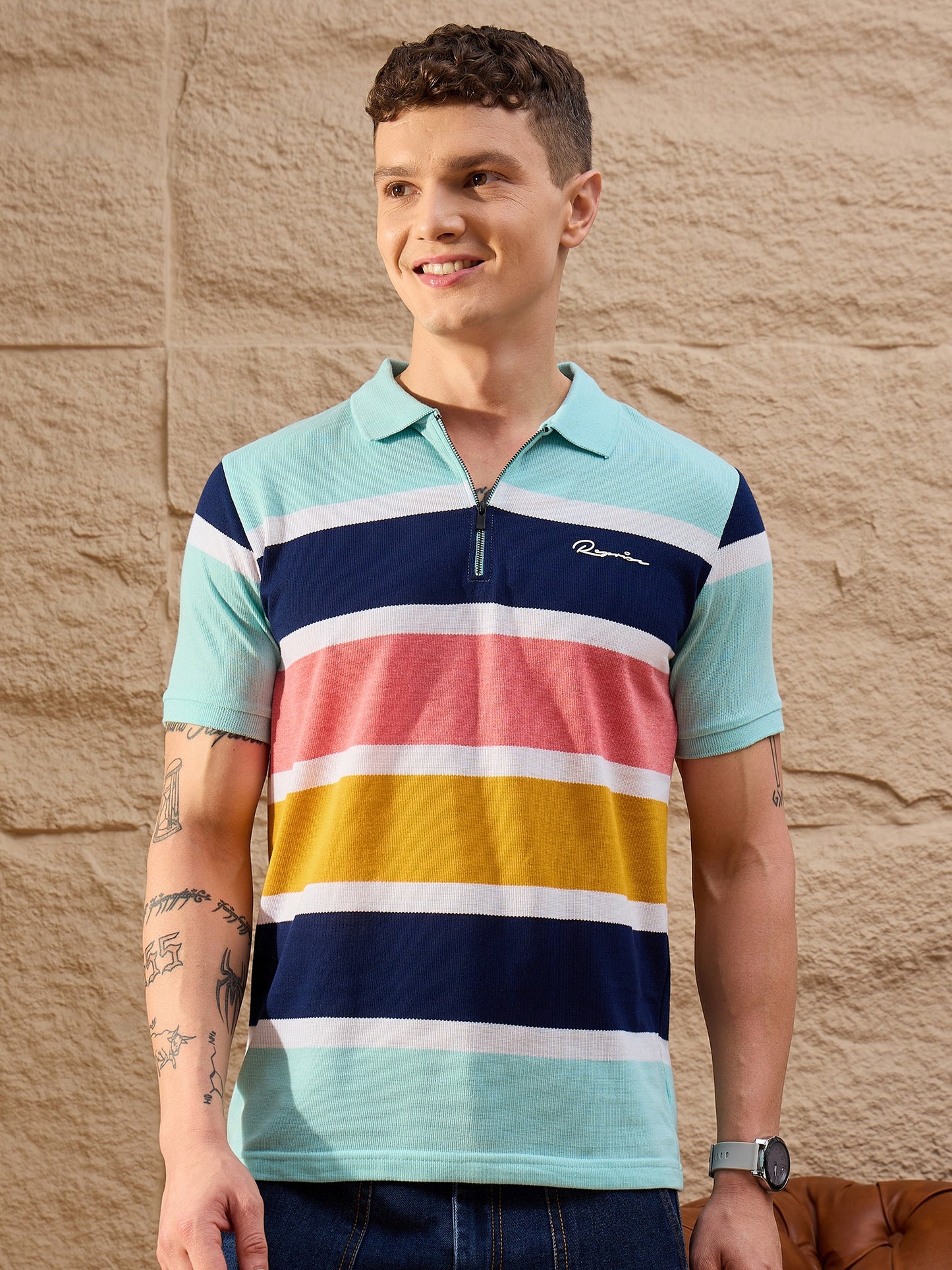 Men Striped Polo T-shirt Sky Blue
