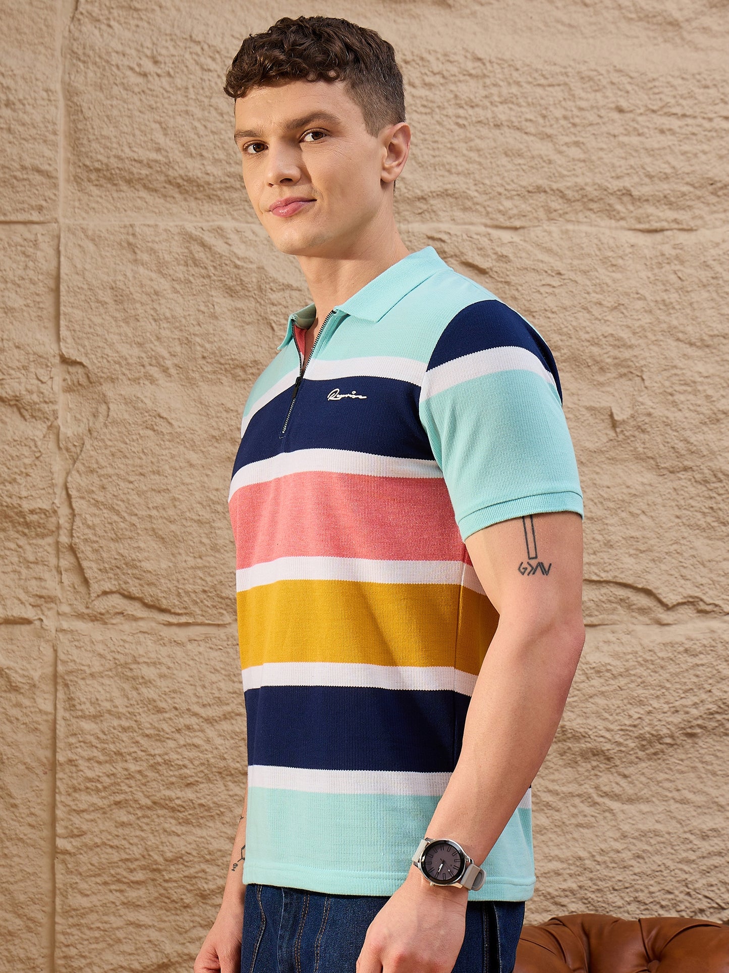 Men Striped Polo T-shirt Sky Blue