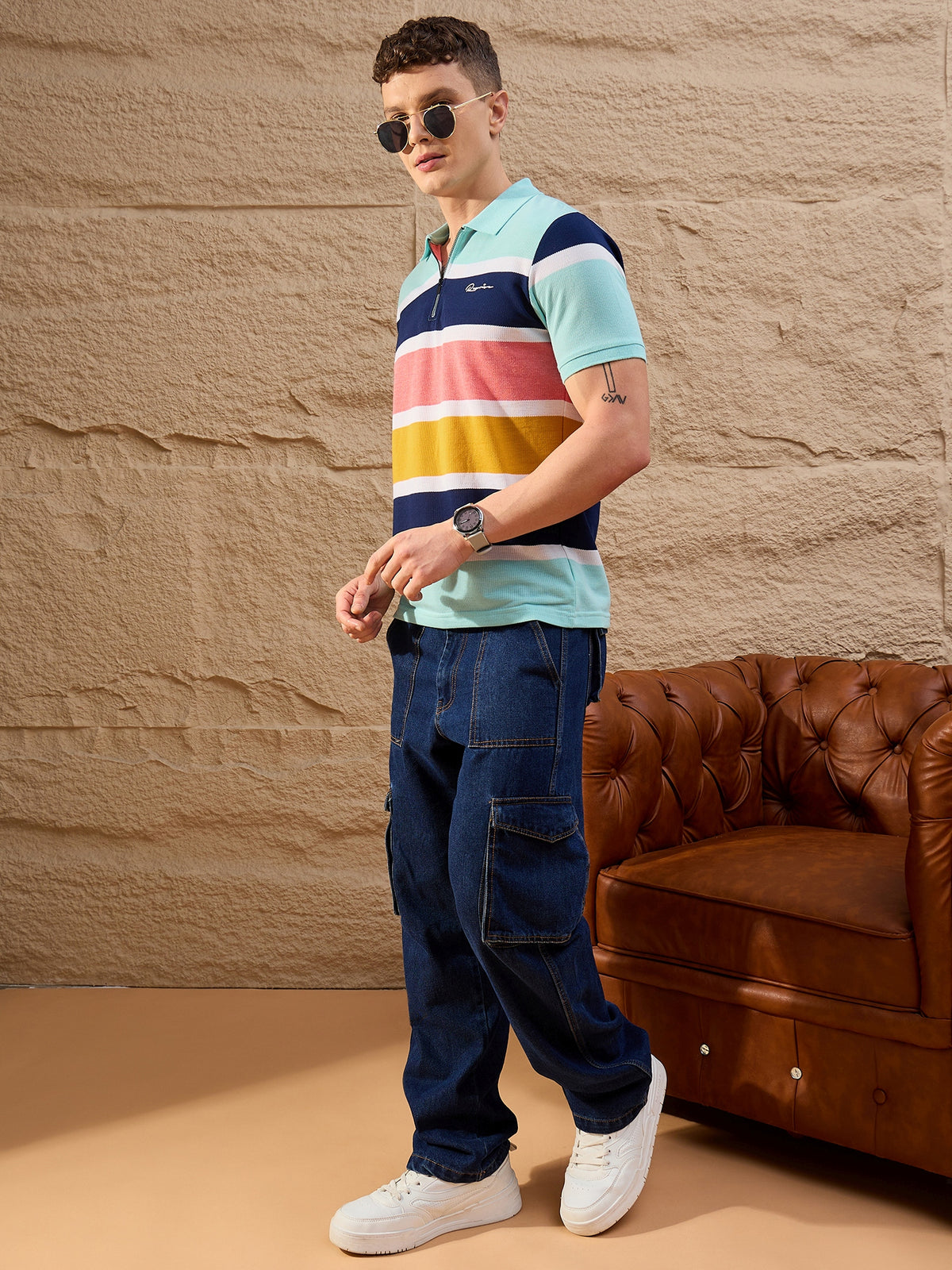 Men Striped Polo T-shirt Sky Blue
