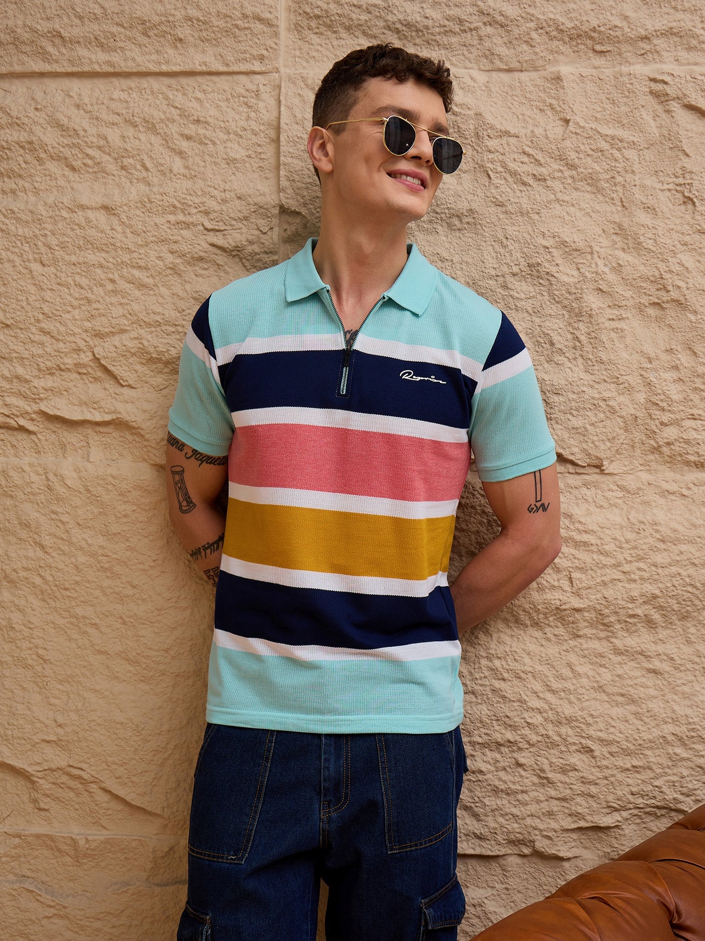 Men Striped Polo T-shirt Sky Blue