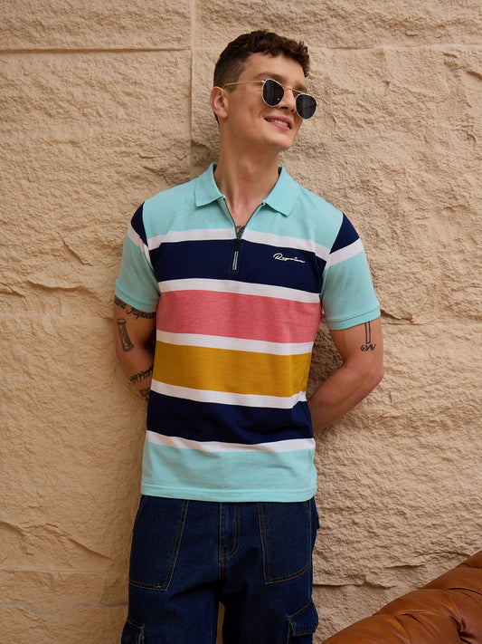 Men Striped Polo T-shirt Sky Blue