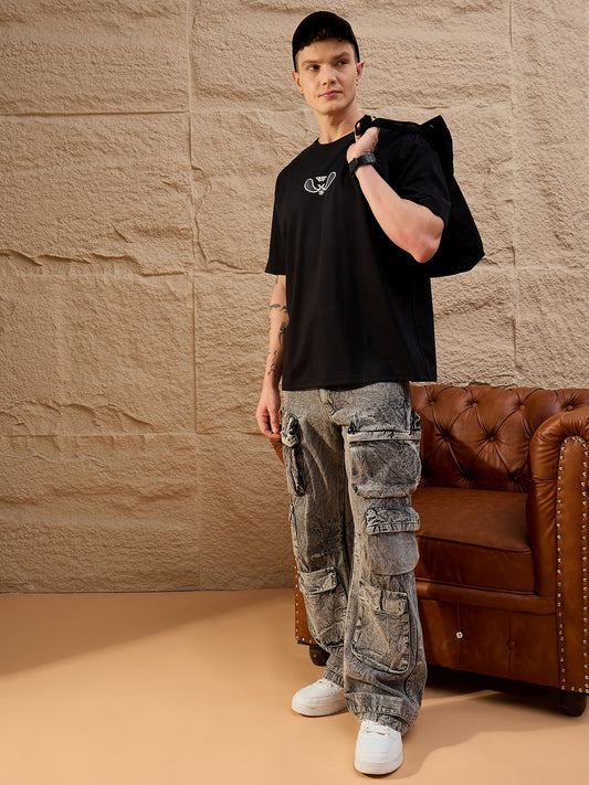 Men Oversized Printed Drop-Shoulder T-Shirt Black - Reprise