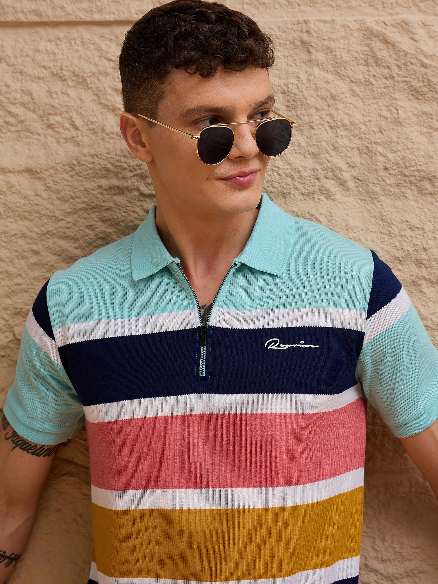 Men Striped Polo T-shirt Sky Blue