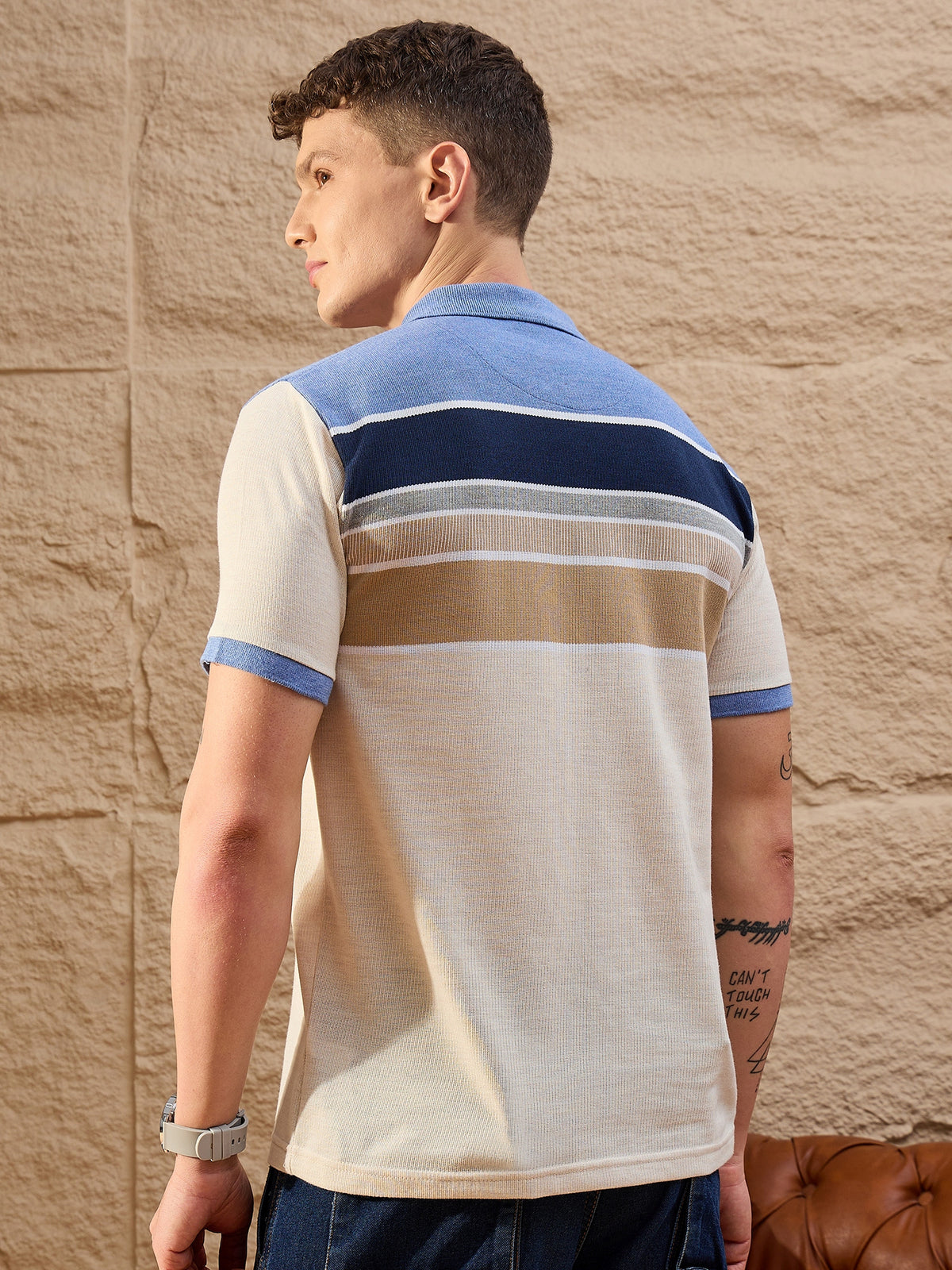 Men Striped Polo T-shirt Beige