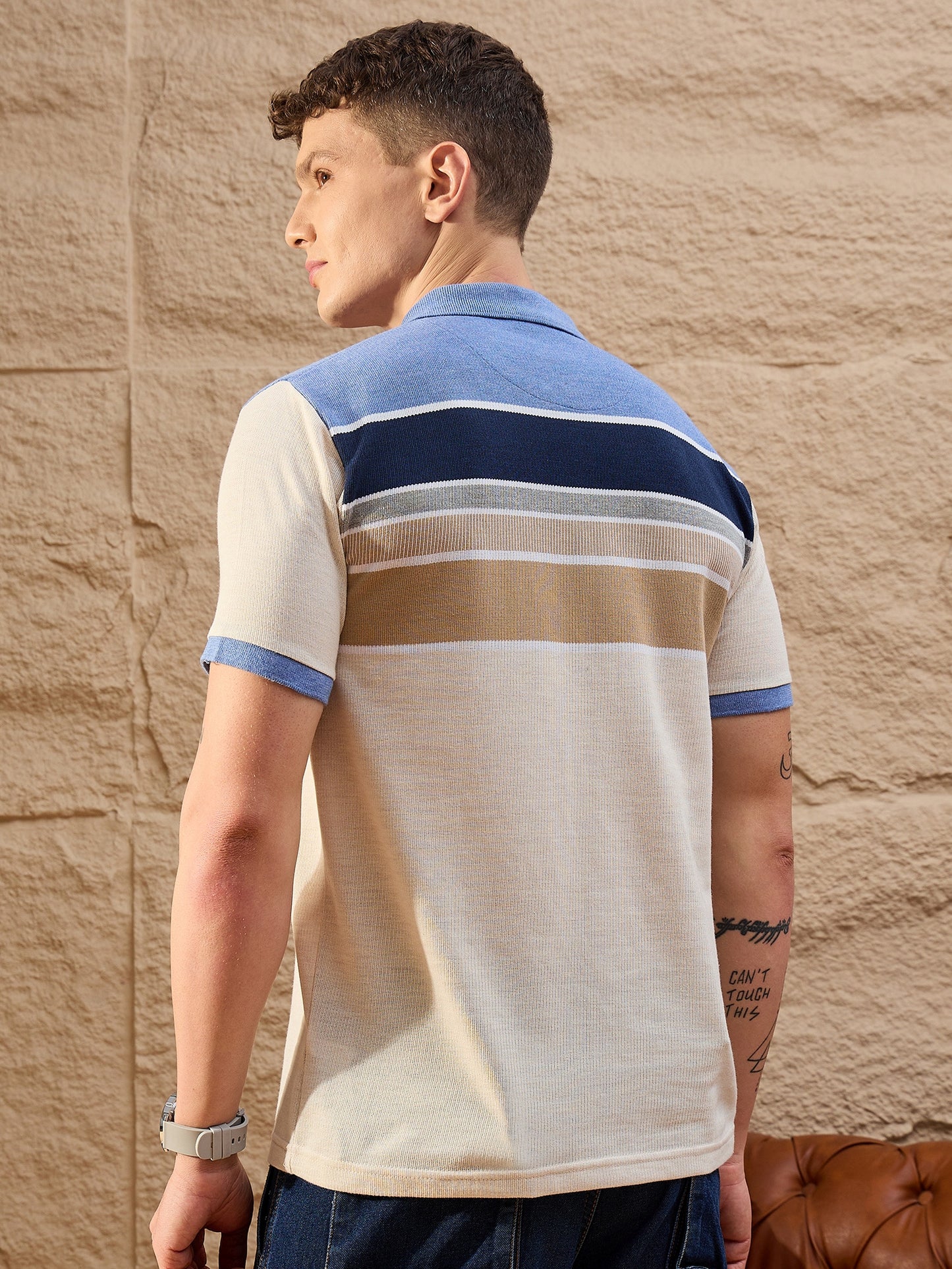 Men Striped Polo T-shirt Beige