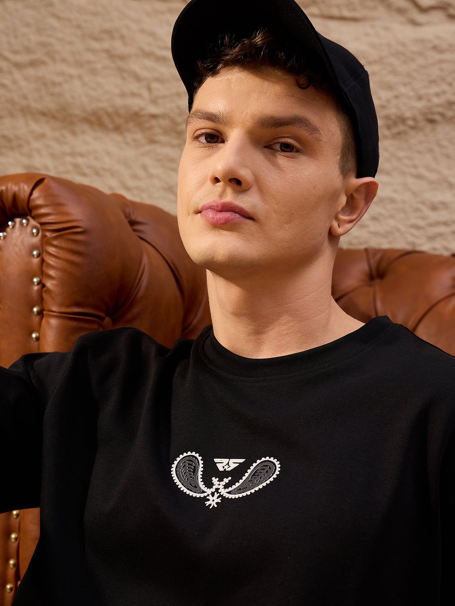 Close-up of heavyweight cotton jersey and ribbed crew neck