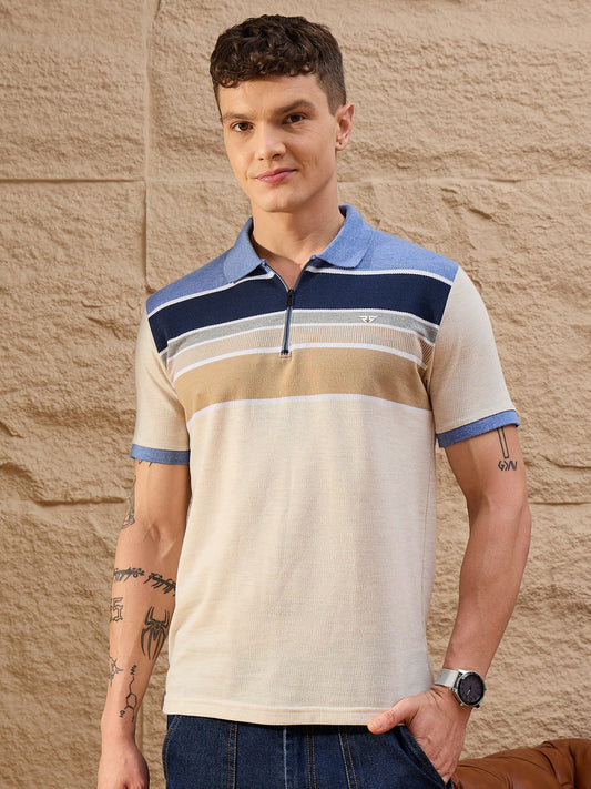 Men Striped Polo T-shirt Beige