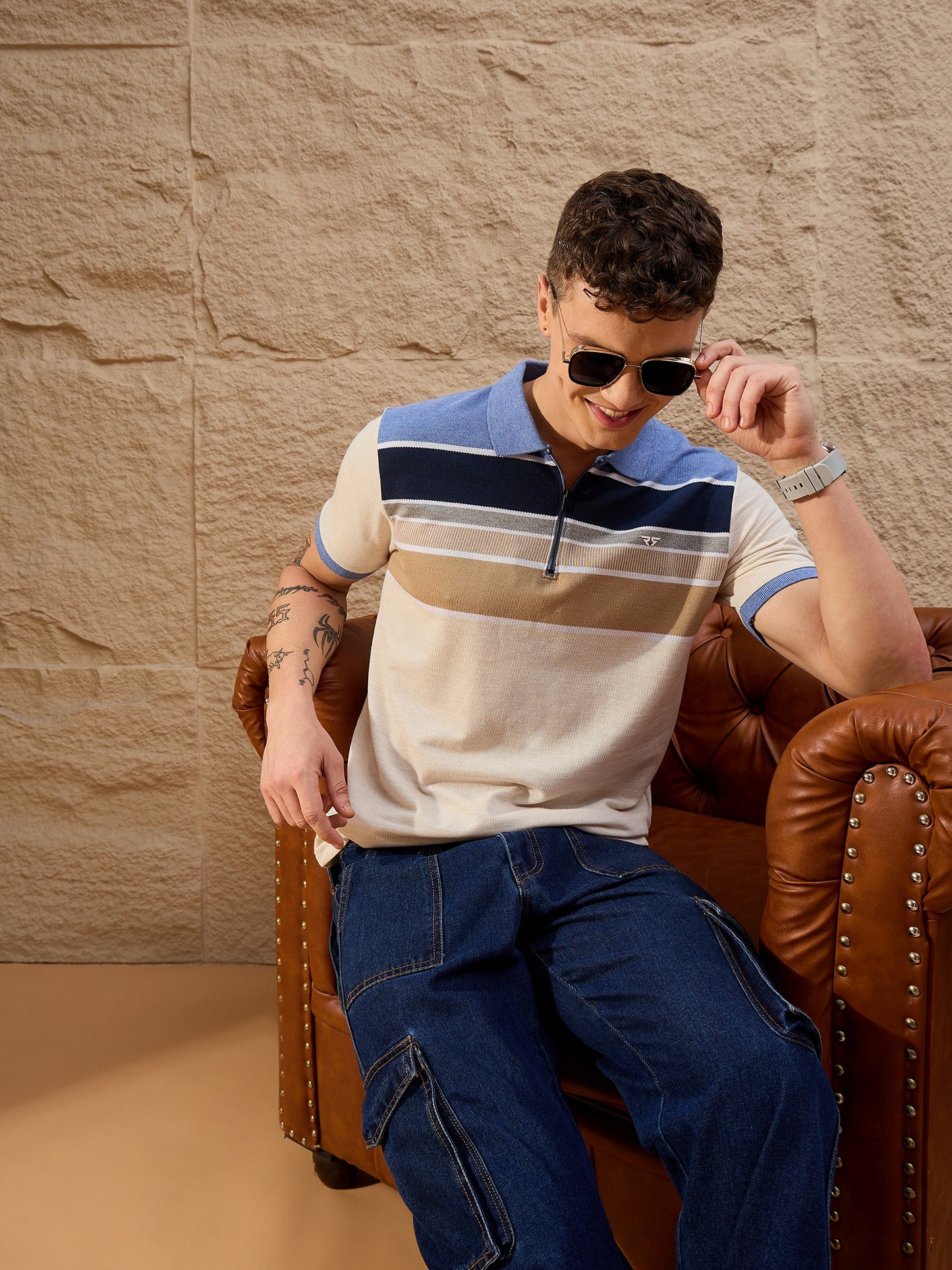 Men Striped Polo T-shirt Beige