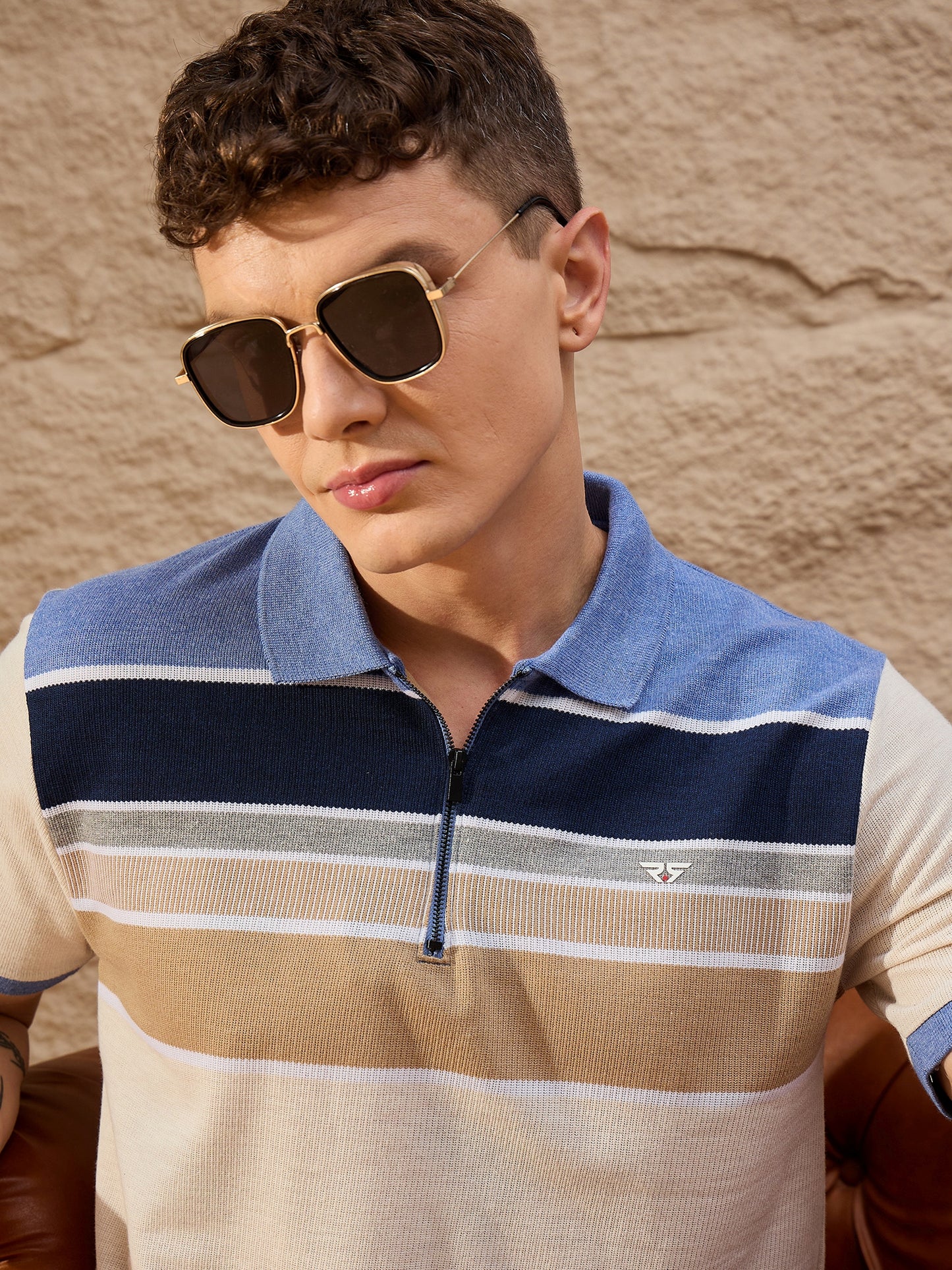 Men Striped Polo T-shirt Beige