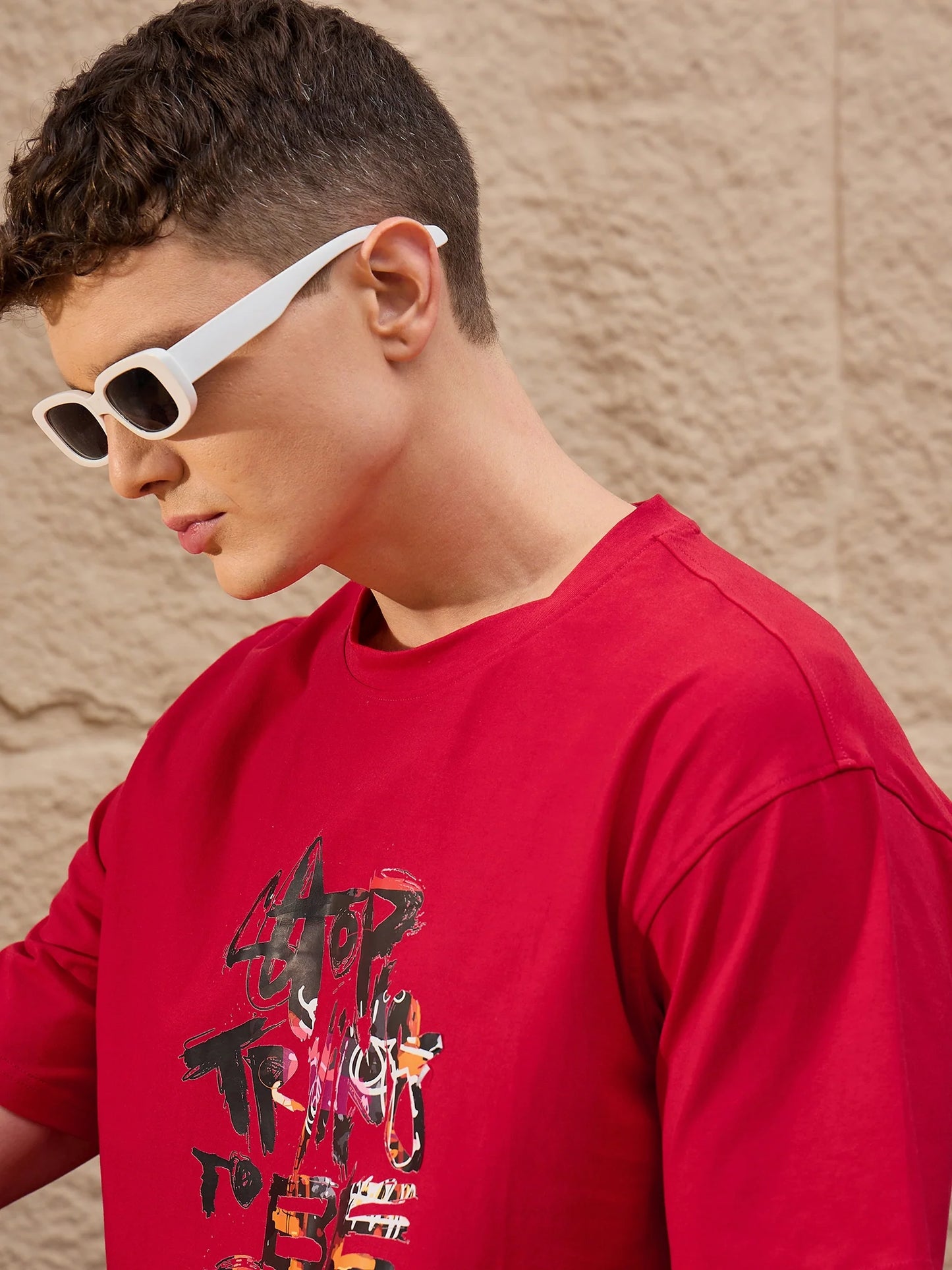 Men Oversized Printed Round Neck Drop shoulder T-shirt Red