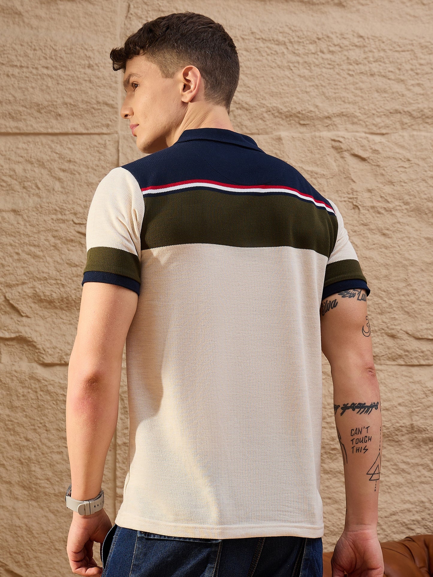 Men Striped Polo T-shirt Beige