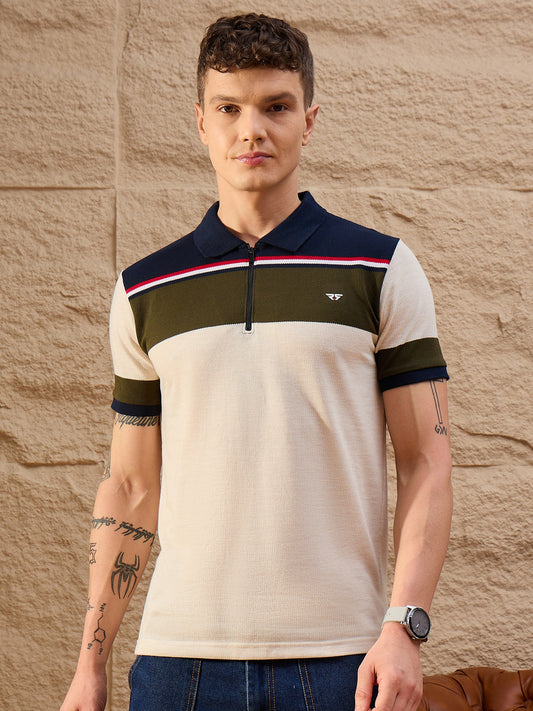 Men Striped Polo T-shirt Beige