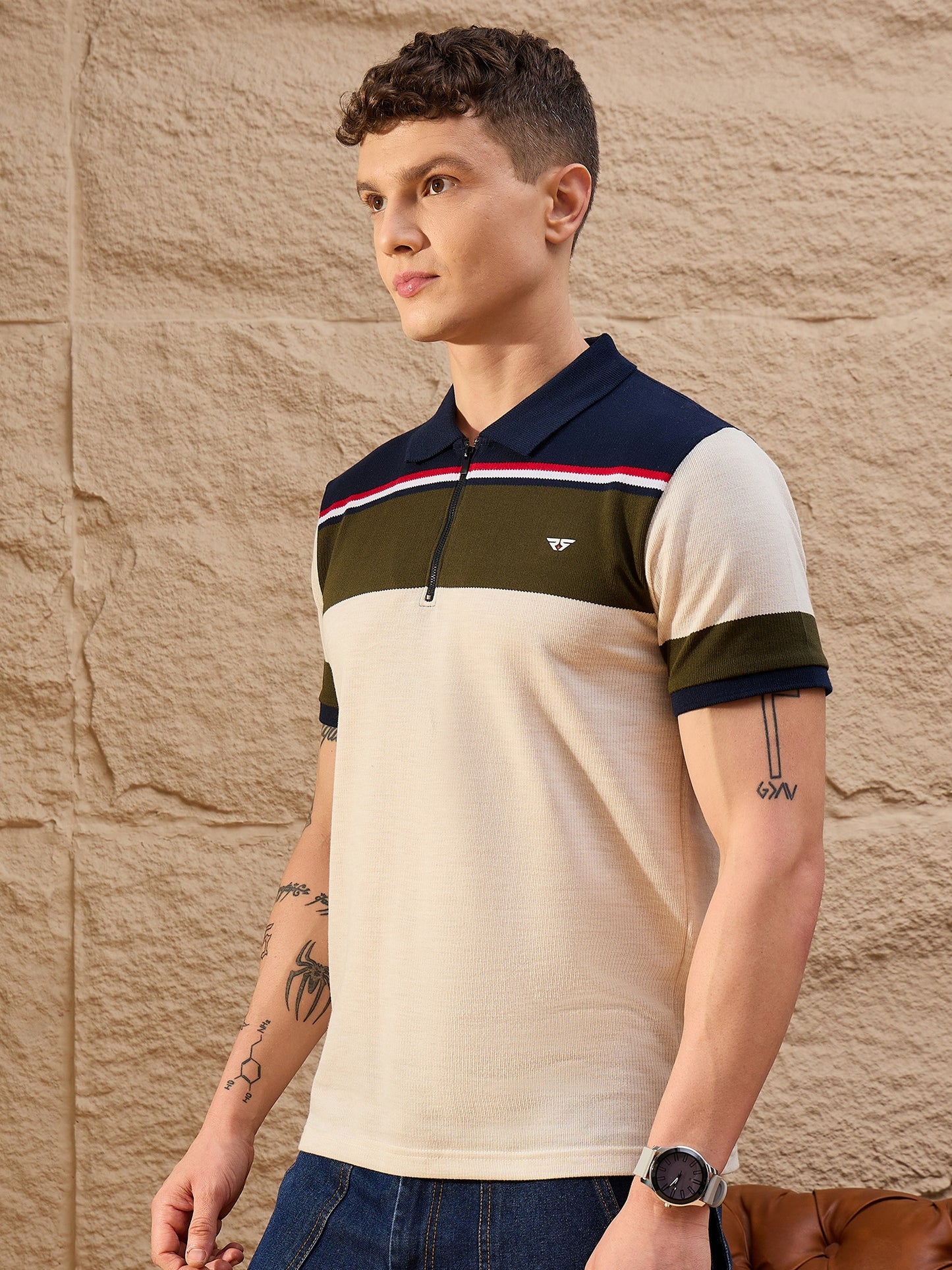 Men Striped Polo T-shirt Beige