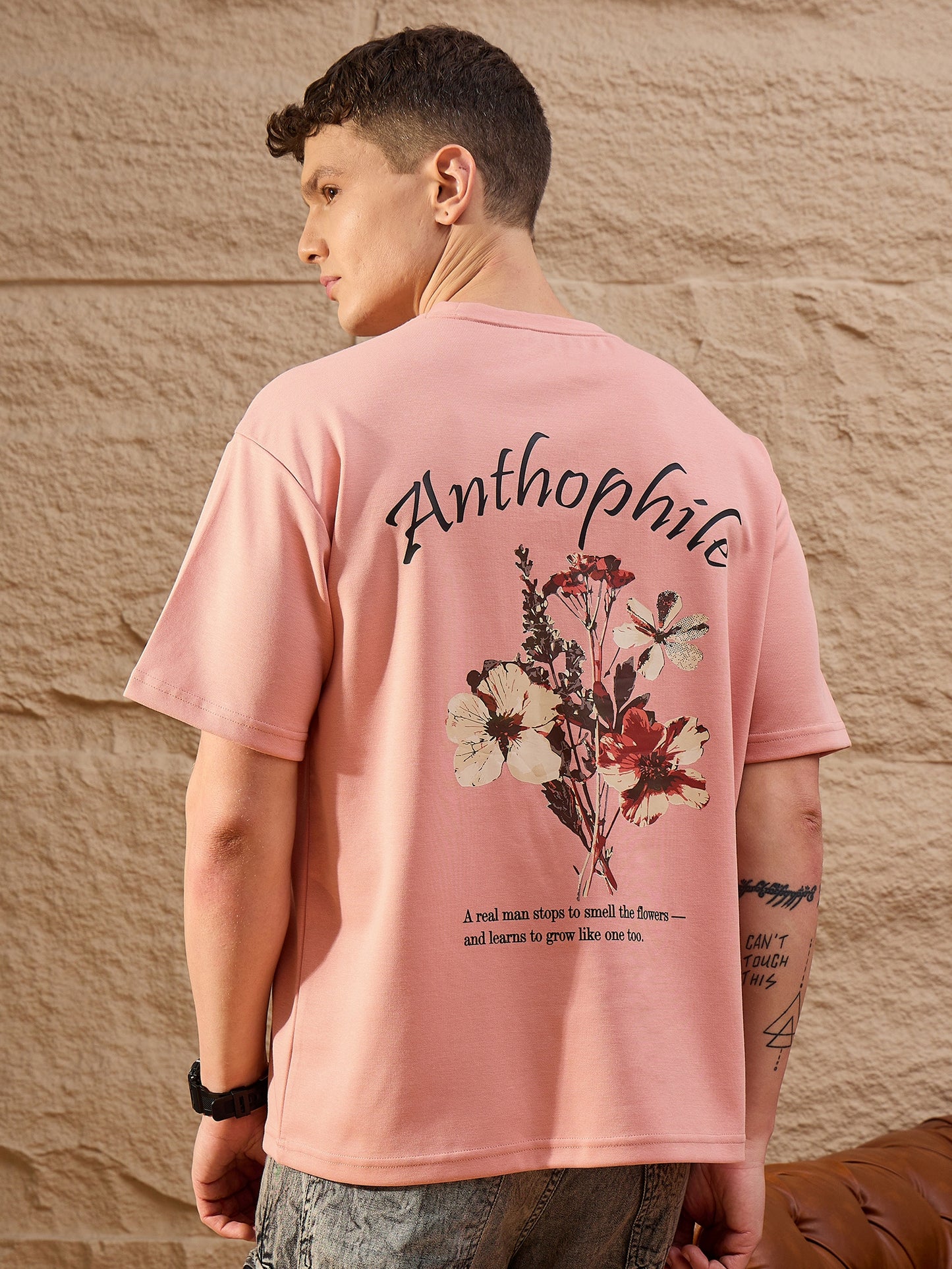 Men Oversized Round Neck Drop shoulder T-shirt Peach