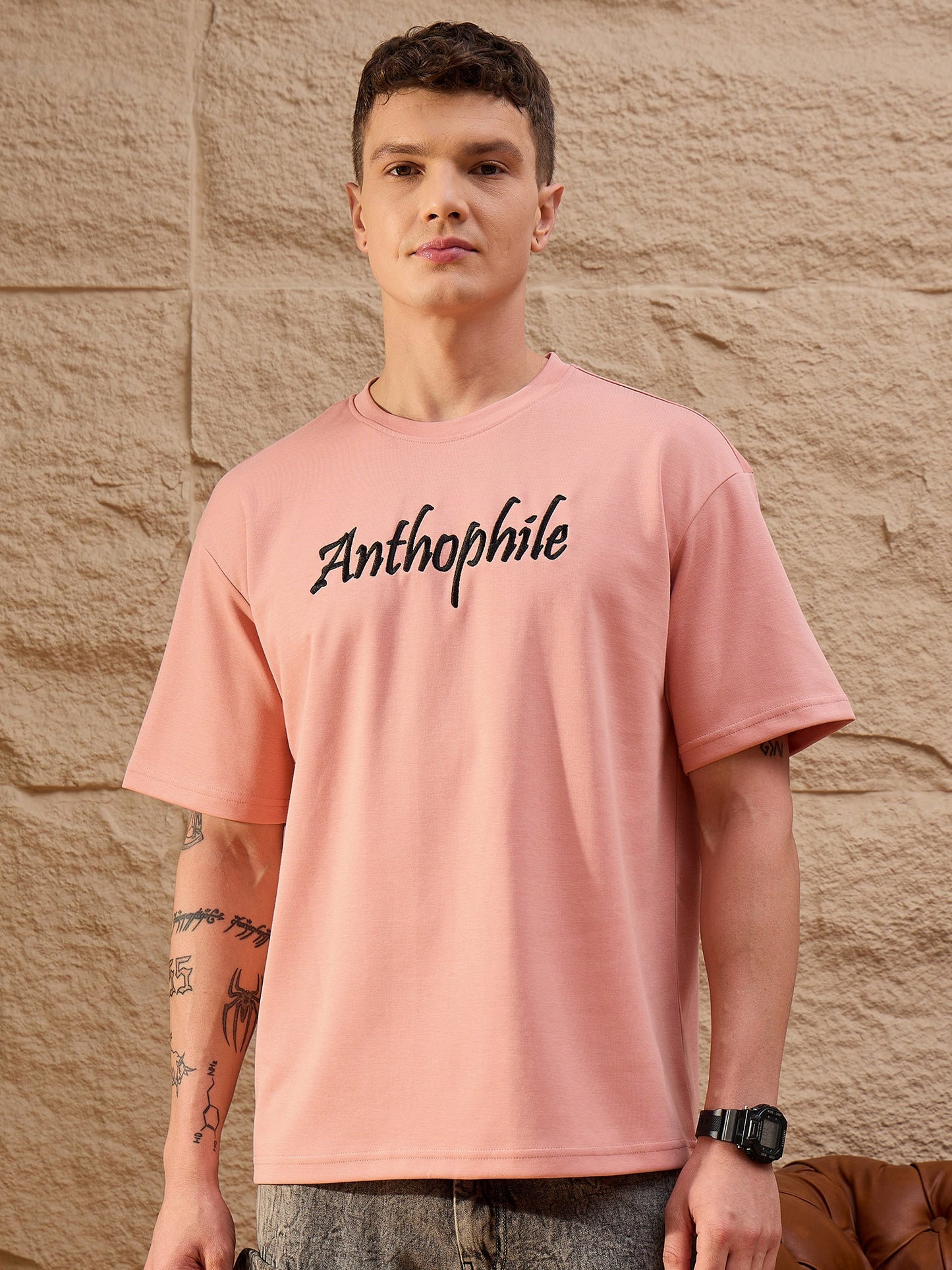 Men Oversized Round Neck Drop shoulder T-shirt Peach
